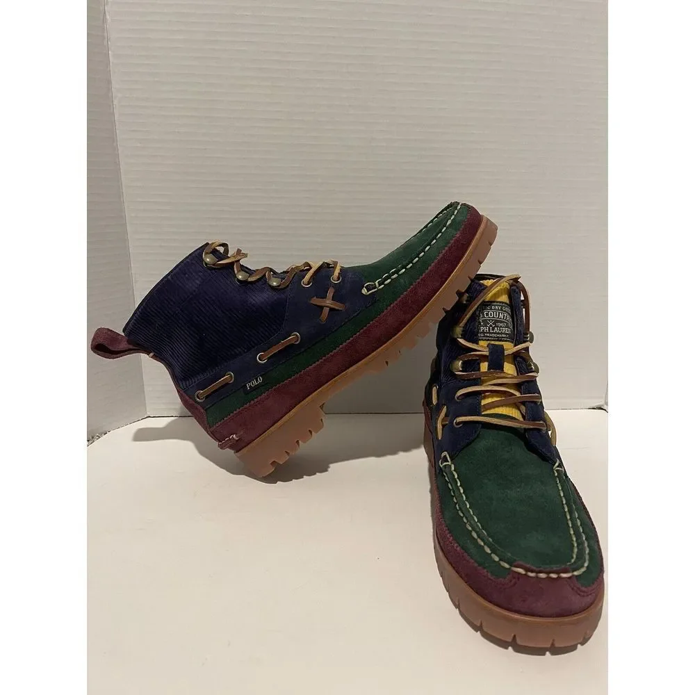 Polo Ralph Lauren Suede Corduroy Color Block‎ Ranger Boots Blue Red Green sz 9